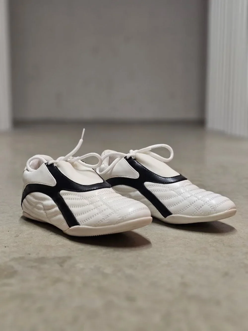 Quilted White Sneakers With Black Contrast Detailing Womens Casual Athletic Shoe